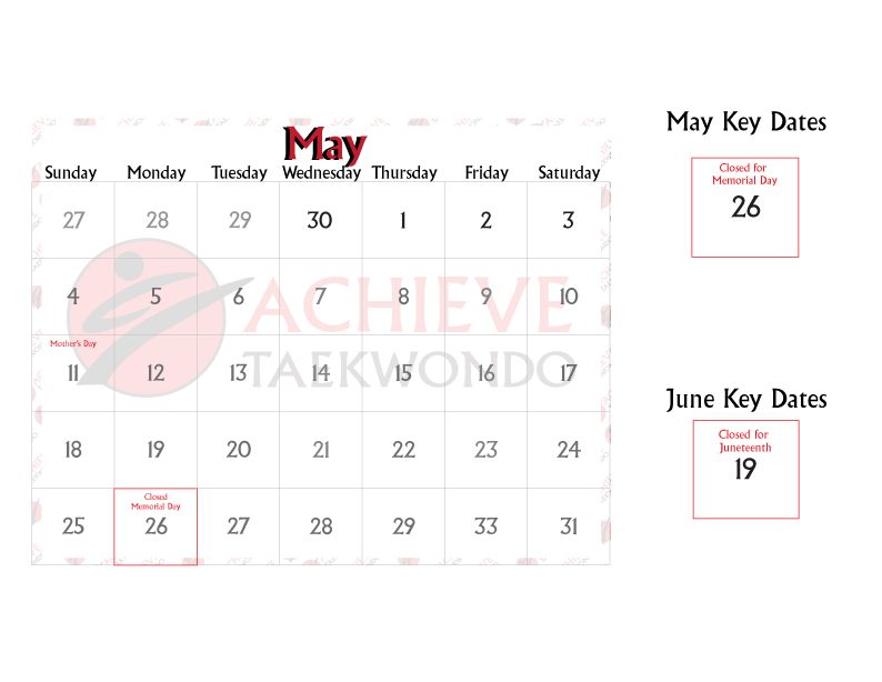 May_calendar_2025_concord_8x11jpg Girl learning taekwondo